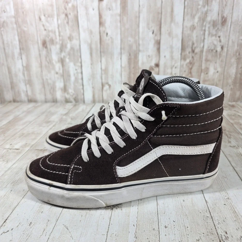 Vans Sk8-Hi High Top Sneakers‎ Brown Suede White Stripe Womens 8 Mens 6.5